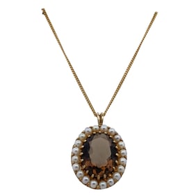 Vintage 14k Gold Smoky Topaz and Pearl Necklace
