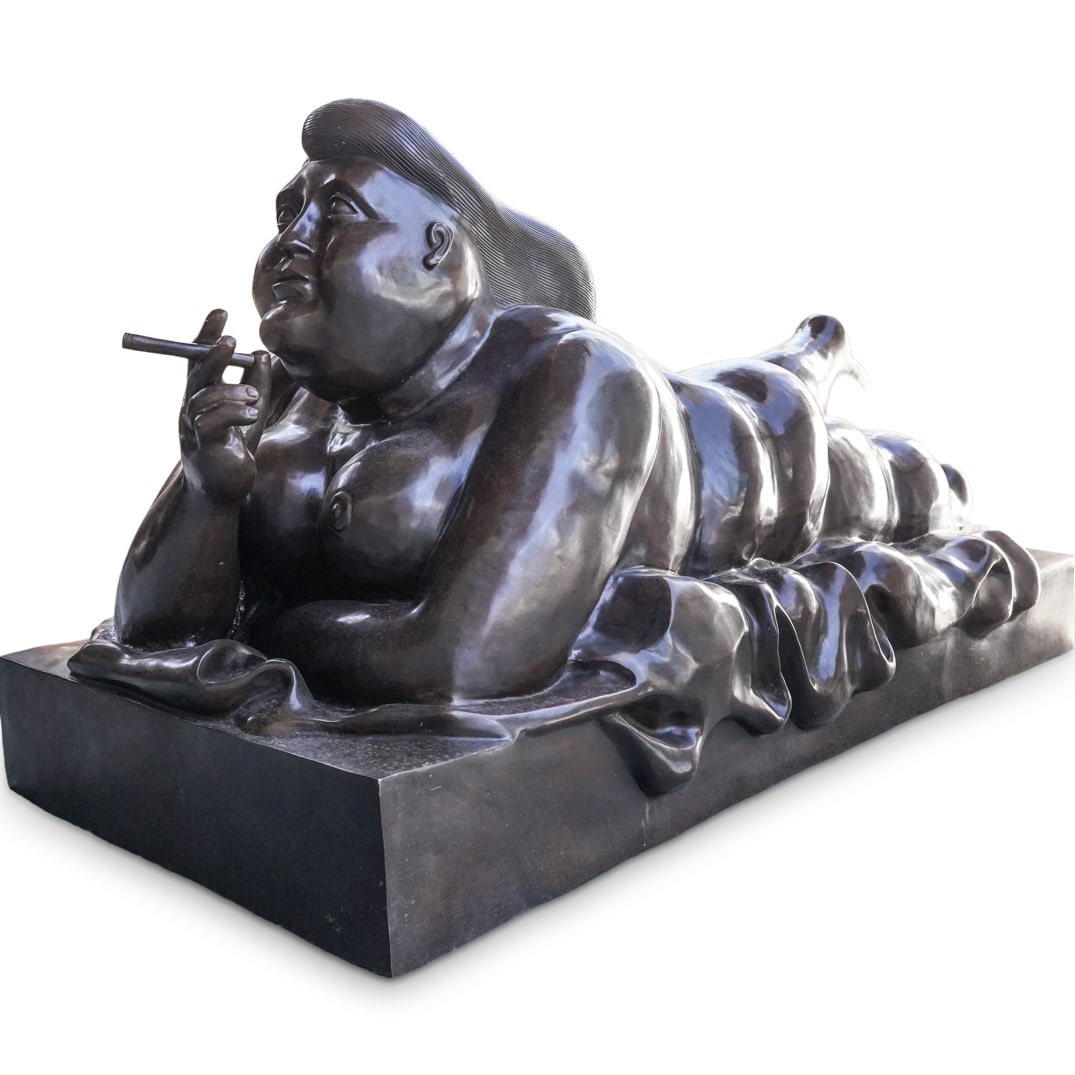 After Fernando Botero (Colombian, 1932-2023) Large Bronze Woman with Cigarette: After Fernando Botero (Colombian, 1932-2023) Large Bronze Woman with CigaretteLate 20th Cent, UnknownAfter Fernando Botero (Colombian, 1932-2023) Large bronze sculpture, depicting a reclining nude wom