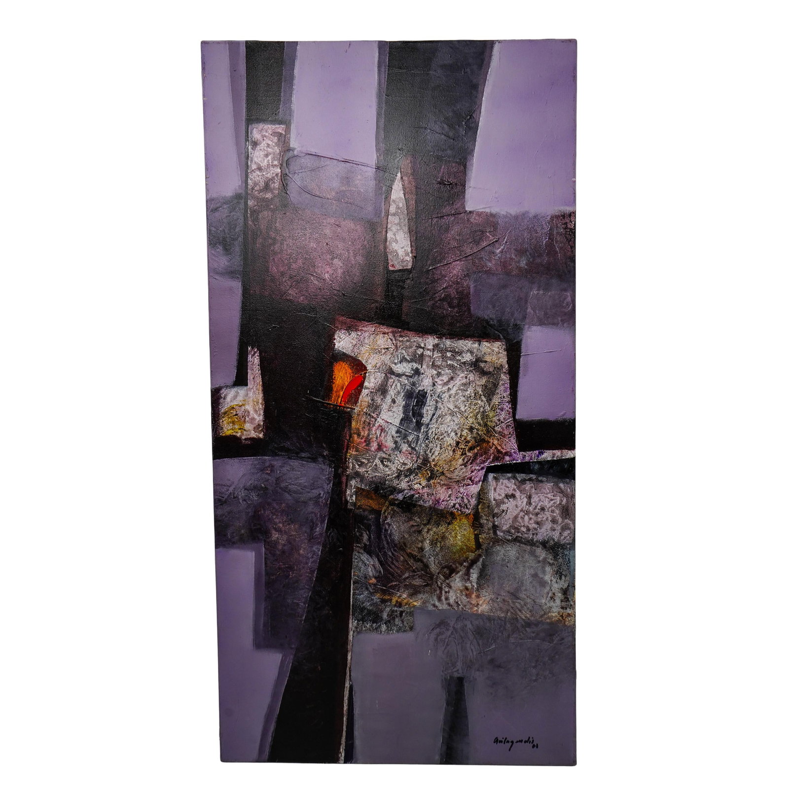 Pedro Avila Gendis (Cuban, 1959) Oil on Canvas: Pedro Avila Gendis (Cuban, 1959) Oil on Canvas 2001, USA This oil on canvas depicts abstract art composed of interlocking rectangular blocks. It is dominated by purples and gray forms, with vibrant co