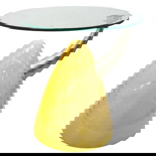Space Age Midcentury End Table: Space Age Midcentury End Table1950s-1970s, AmericanMidcentury modern end table with a Space age (1950s-1970s) vibe. Yellow conical base resembles components of a rocket with a futuristic chrome stem t