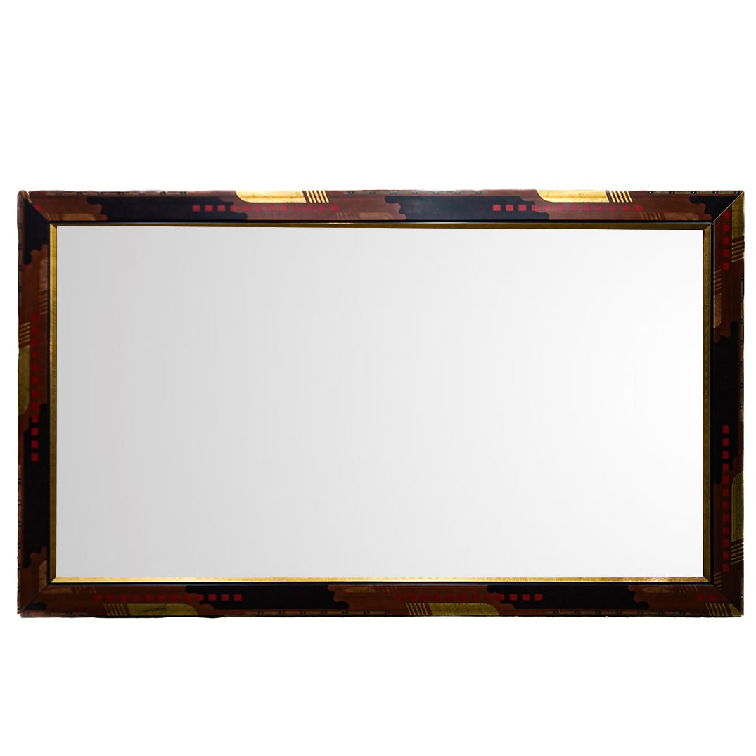 Postmodern Inlaid Wood Mirror: Postmodern Inlaid Wood Mirror 1998, USA Postmodern inlaid wood mirror, the frame featuring a patchwork of richly toned veneers, arranged in a geometric and abstract pattern. Red, gold, and black accen