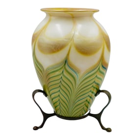 Tiffany Glass Vase with Bronze Base