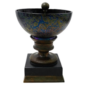 Att. Loetz Iridescent Glass Bowl on Marble and Bronze Base