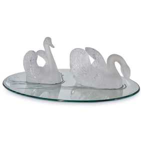 Lalique Crystal Swans On Oval Water Mirror