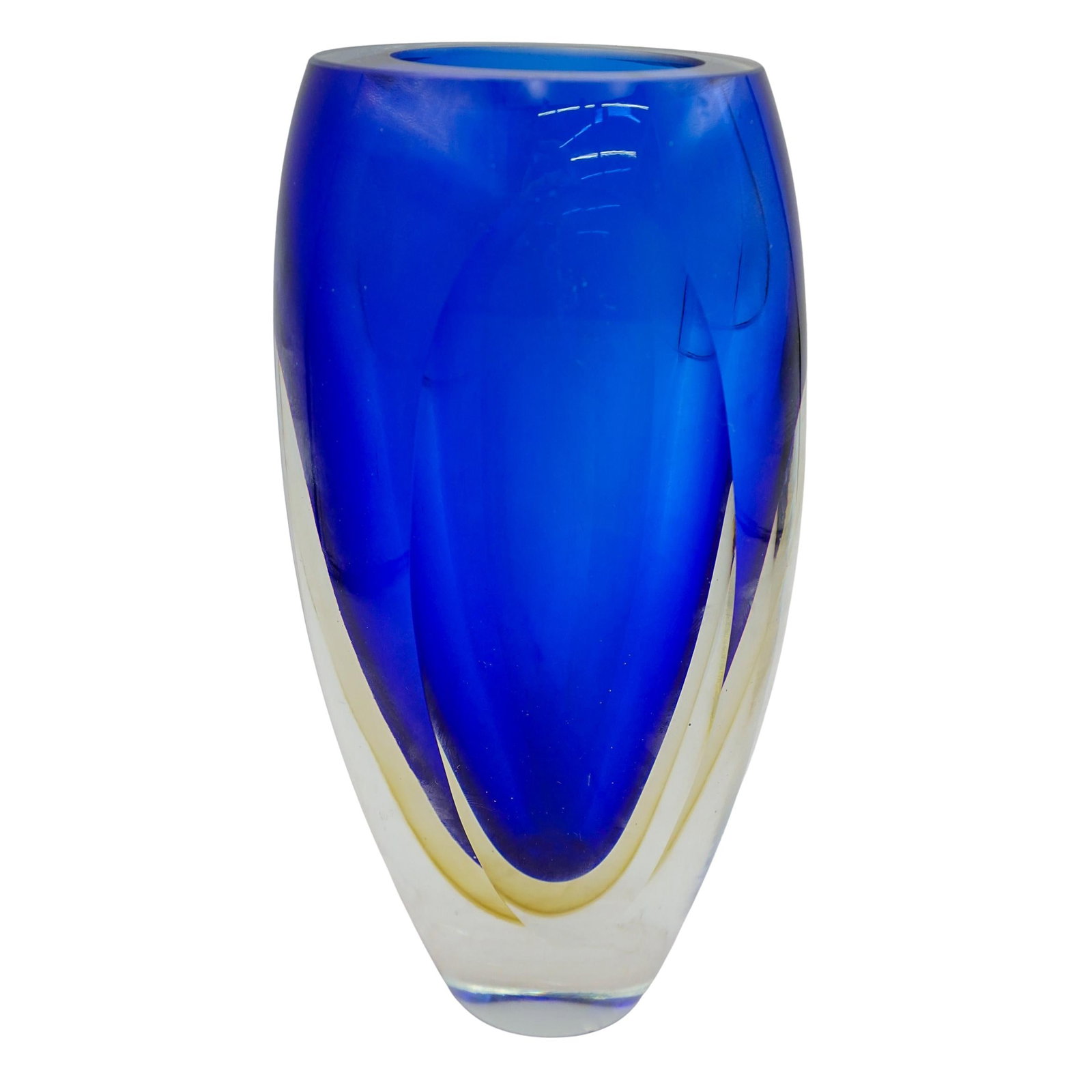 Murano Sommerso Glass Blue Vase: Murano Sommerso Glass Blue Vase 20th century, Italy This Murano sommerso glass vase has cobalt blue color with clear at the base. The glass is thick with a smooth, rounded shape with a wide opening at