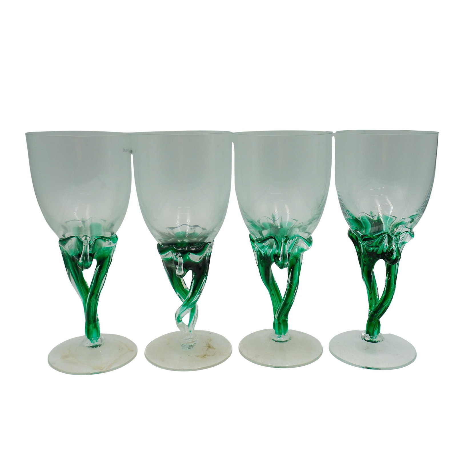 (4 Pc) Krosno Jozefina Art Glass Wine Glasses: (4 Pc) Krosno Jozefina Art Glass Wine Glasses 20th Century, Poland Group of (4) Krosno Jozefina hand blown art glass wine glasses, featuring a green glass sculpted stem that resembles a floral stem. H