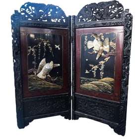 Antique Chinese Carved Bone and Inlay Screen