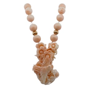 Chinese 14k Gold and Carved Angel Skin Coral Necklace