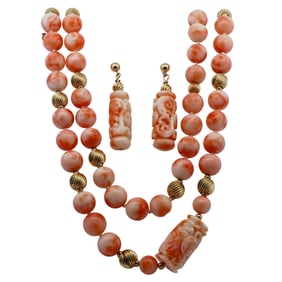 (3 Pc) Chinese Beaded Coral and 10k Gold Jewelry Set