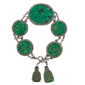 Chinese 14k White Gold Nephrite Jade & Seed Pearl Bracelet