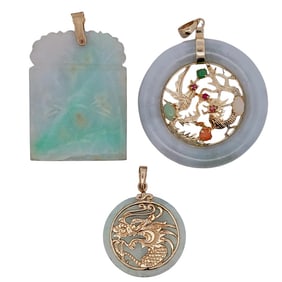 (3 Pc) Chinese 14k Gold and Jade Pendants