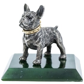 Faberge Style Silver French Bulldog Figurine on Nephrite Base