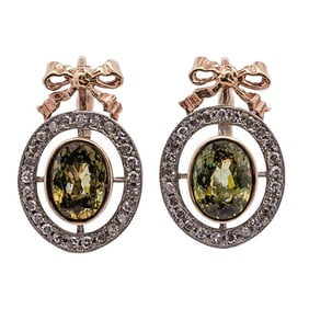 Faberge Era 14k Gold Diamond and Demantoid Garnet Earrings