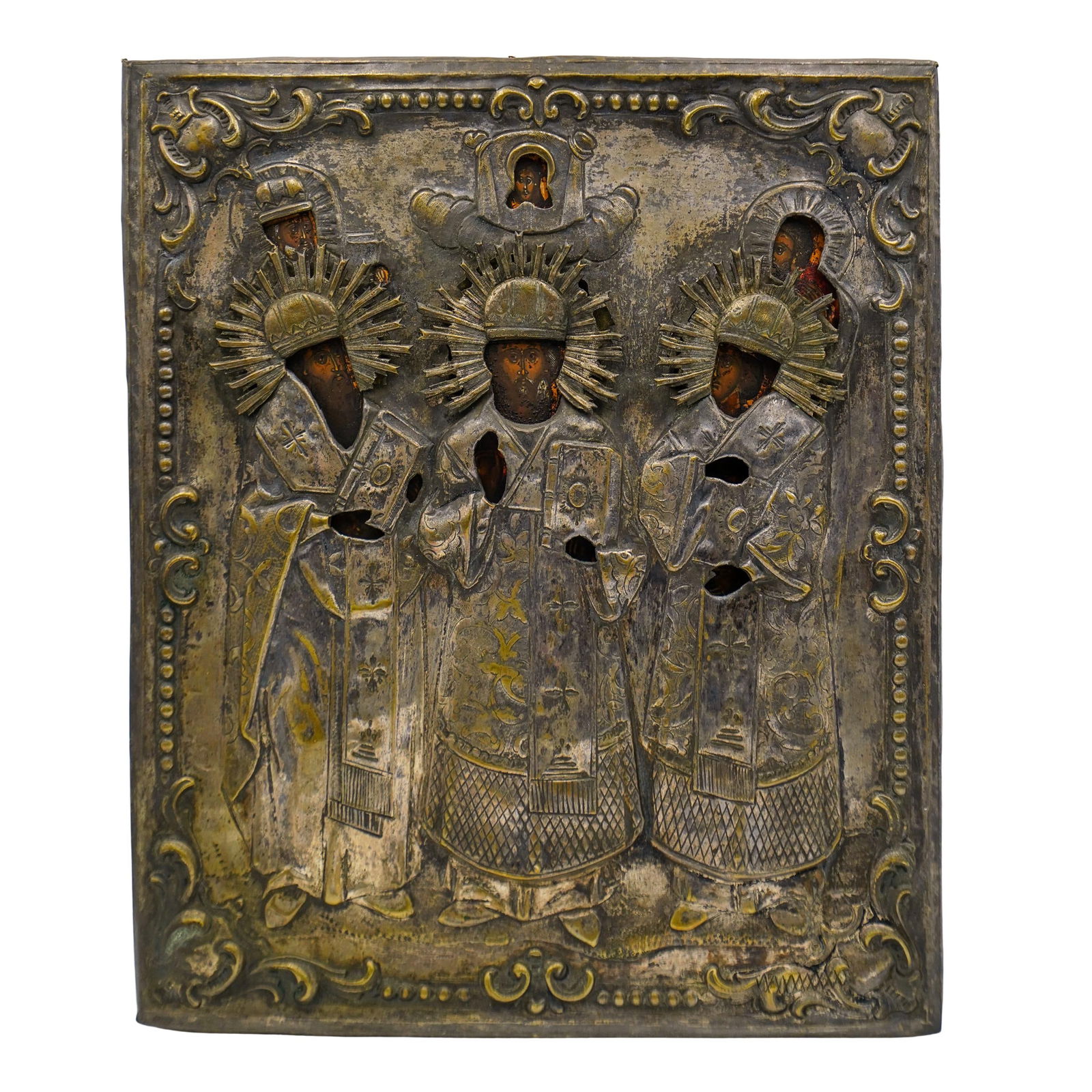 Silver-plated Russian Orthodox Icon: Silver-plated Russian Orthodox Icon17th/18th century, RussianAntique 17th/18th century silver-plate Russian Orthodox icon featuring five saints and a small Christ. Inner hand-painted depiction with af