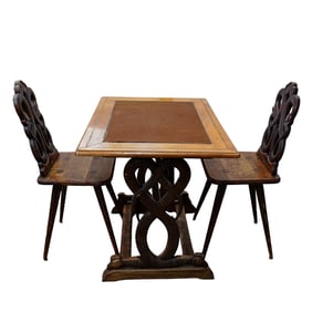 (3 pcs) Poss. Black Forest 1909 Rustic Carved Game Table and Matching Chairs