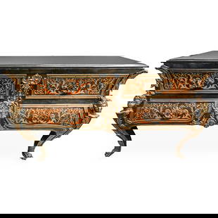 Antique Gilt Bronze and Marquetry Wood Boulle Commode: Antique Gilt Bronze and Marquetry Wood Boulle Commode19th century, EuropeWooden Empire-style neoclassical boulle commode. Dark brown wood construction with light brown filigree marquetry accents. Claw
