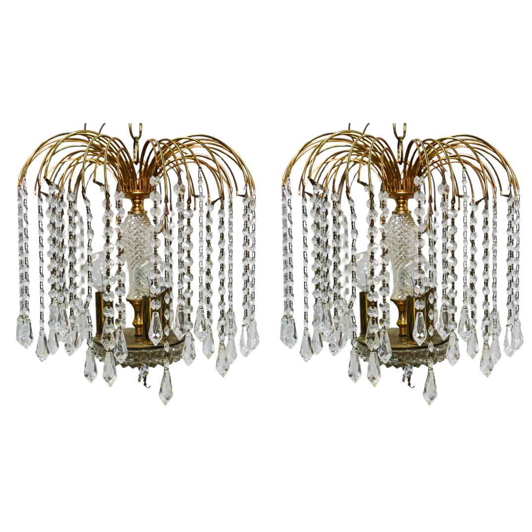 Pair of Gilt Metal and Crystal Chandelier: Pair of Gilt Metal and Crystal Chandelier20th century, EuropeThe main structure is crafted from gilt metal, featuring curved arms with strands of faceted clear crystal prisms, arranged to mimic the ap