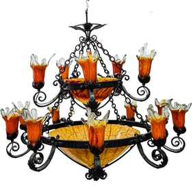 Large Gothic Renaissance Revival and Glass Wrought Iron Chandelier