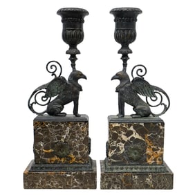 Pair of Bronze and Marble Griffin Candle Holders