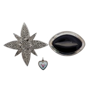 (3 Pc) Sterling Silver Onyx and Enamel Pendants