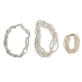 (3 Pc) Beaded Pearl Necklaces & Bracelet