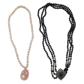 (2 pcs) Rose Quartz, Onyx, Sterling Beaded Necklaces