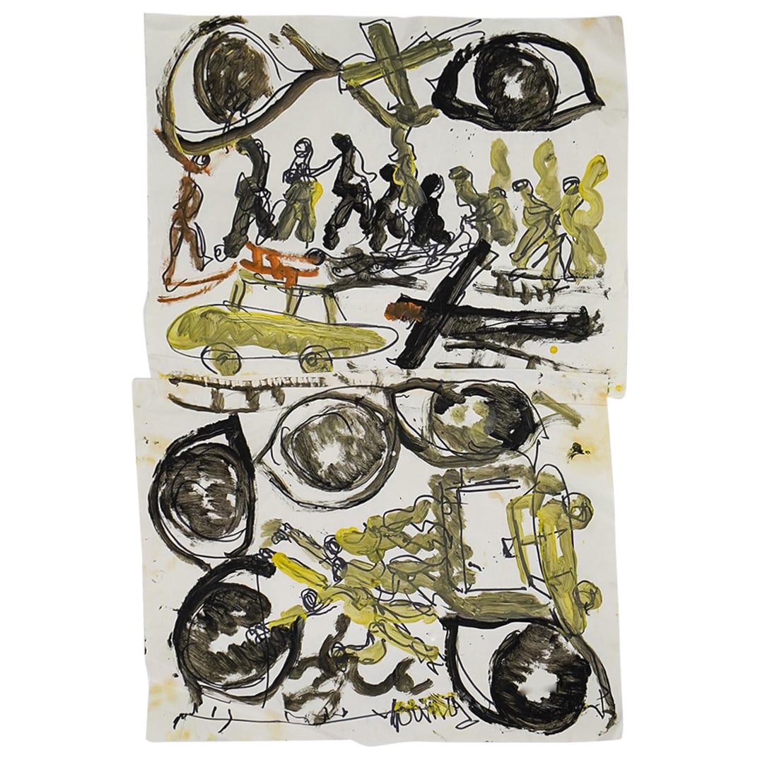 Purvis Young (American, 1943-2010) Mixed Media Painting: Purvis YoungAmerican, 1943-2010Purvis Young (American, 1943-2010) Mixed Media PaintingMixed Media On PaperDepicting cars, eyes, and various figures, mostly in black and hues of yellow. Signed at botto