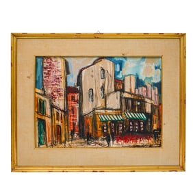 Signed Mixed Media Cityscape on Cardboard