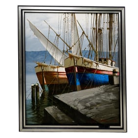 Signed Harbor Scene Oil on Canvas