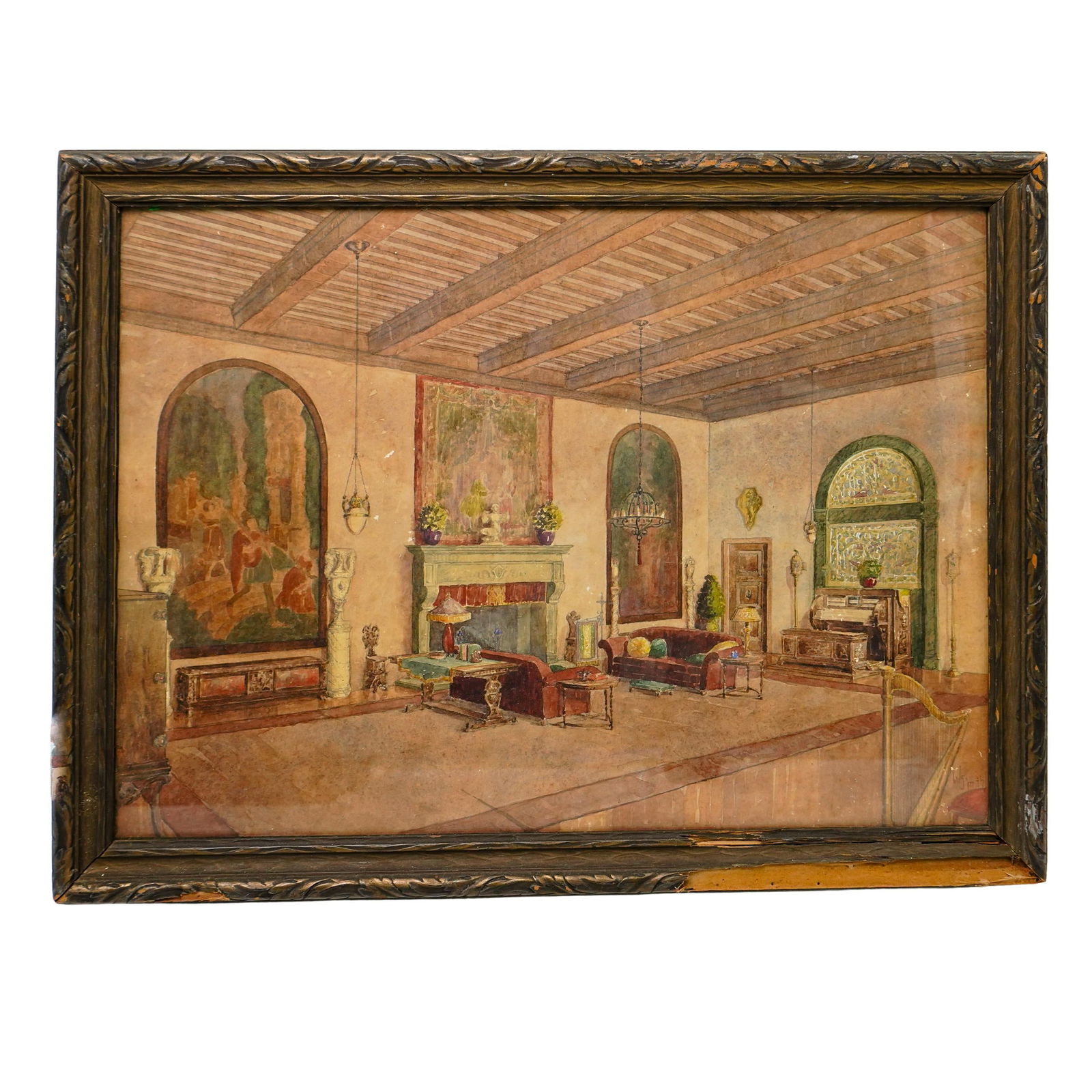 Signed Watercolor Interior Scene (1 of 5)