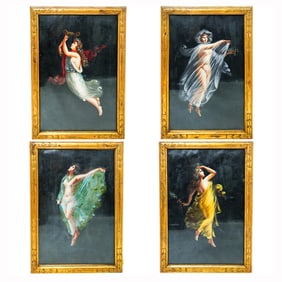 (4 pcs) Antique Spring Nymphs Oil on Paper Paintings