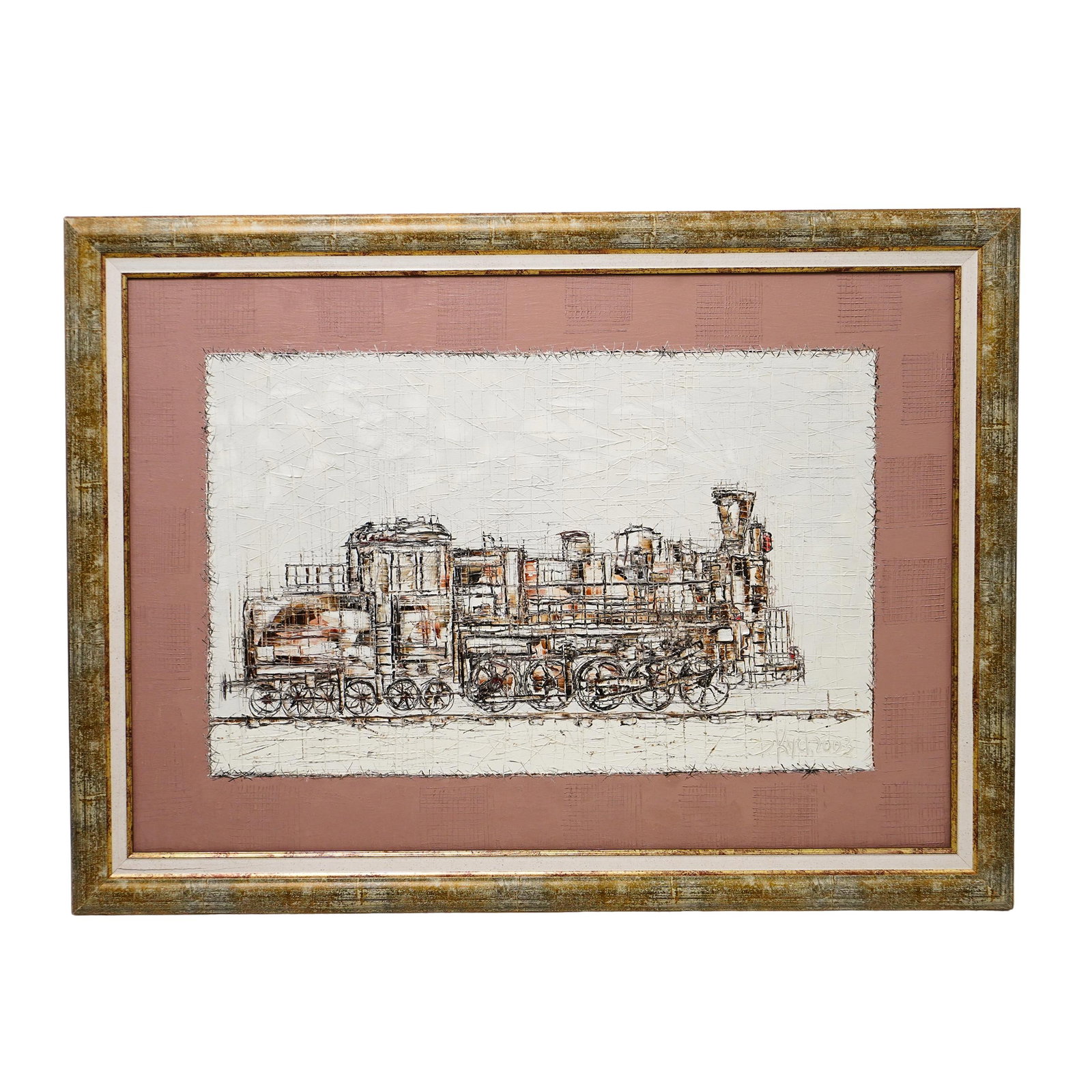Dmitry Kustanovich (1970, Belarusian) Oil on Canvas Painting: Dmitry Kustanovich (1970, Belarusian) Oil on Canvas Painting 2003, Russia This oil painting depicts a detailed side view of a vintage steam locomotive, rendered in a textured technique. The background