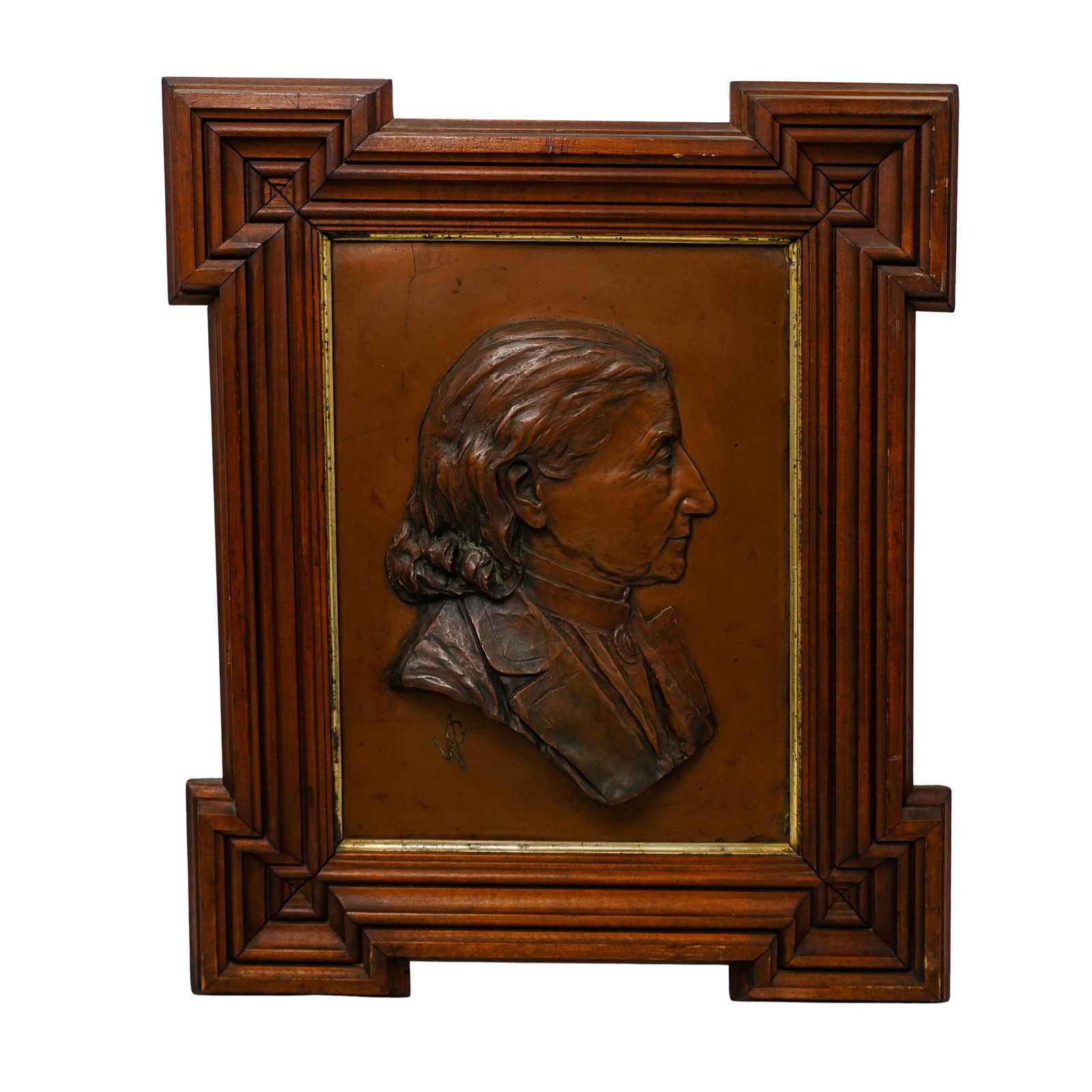 Copper Portrait of a Male Bust: Copper Portrait of a Male Bust19th century, ContinentalRelief carved copper portrait of a male bust in profile. Engraved "WG" in bottom left. Carved wooden frame with gilt bordering.Frame: 1