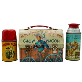 (3 pcs) Thermos Co./Aladdin Roy Rogers, Hopalong Cassidy Tin Lunchbox and Thermoses
