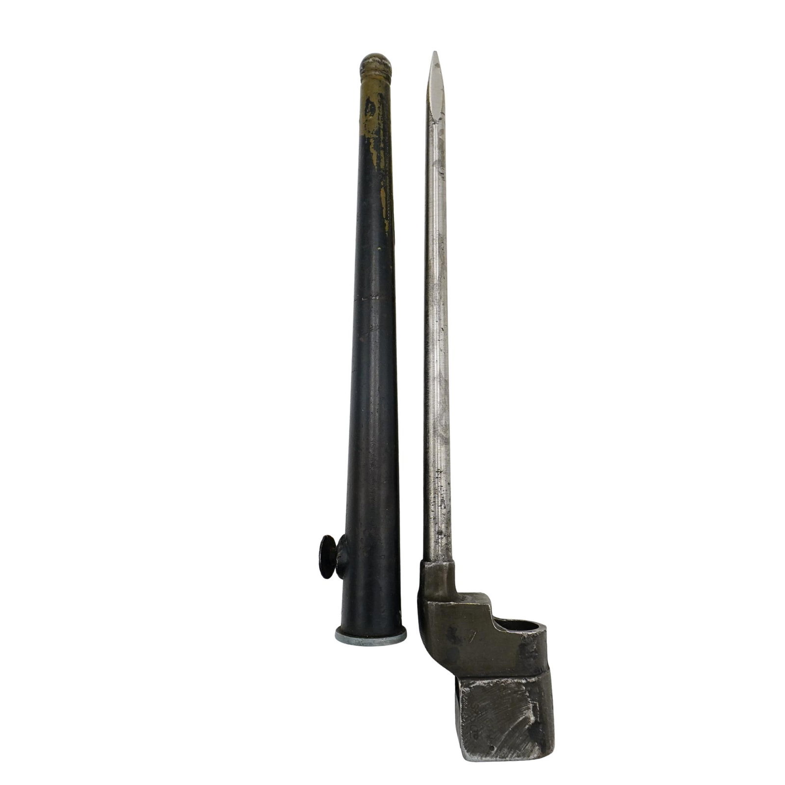 Antique Bayonet: Antique Bayonet Late 19th to early 20th century, Continental The blade has a triangular cross-section. It is long, narrow, and tapered to a sharp point. The socket at the base is where the bayonet wou