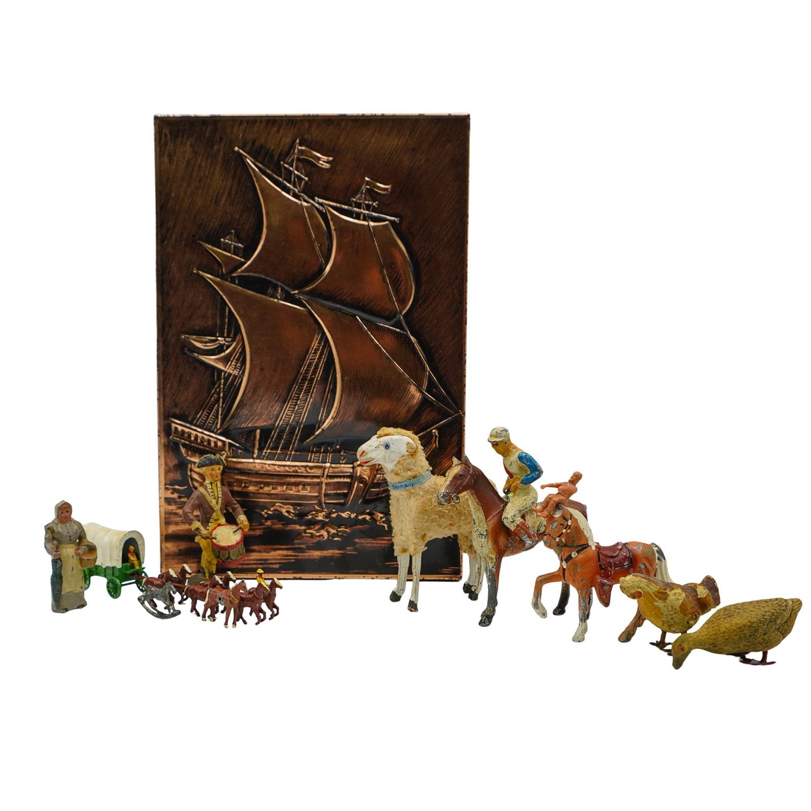 (13 pcs) Vintage Toy and Figurine Grouping: (13 pcs) Vintage Toy and Figurine Grouping Early 20th century, Europe, USA Early 20th century toys and animal figurines grouping. Features horses, riders on horseback, figures, and animals, in both wo