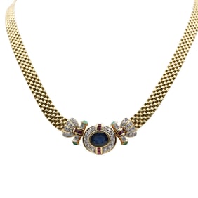 18k Gold Sapphire Diamond Ruby and Emerald Necklace