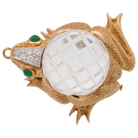 David Webb 18k Gold Rock Crystal Frog Brooch