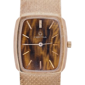 Vintage Certina 18k Gold and Tigers Eye Watch