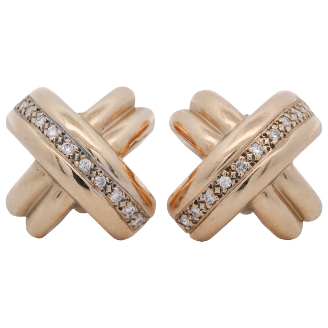 Tiffany Style 14k Gold and Diamond Earrings: Tiffany Style 14k Gold and Diamond Earrings Late 20th Century, USA Tiffany style earrings, designed in a crisscross motif. Each earrings features two bold, high polish gold bands that cross over one a