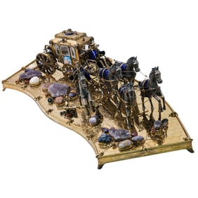 Large Continental Parcel Gilt Silver Enamel and Hardstone Mounted Carriage Group