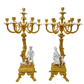Pair of French Gilt Bronze and Bisque Candelabras