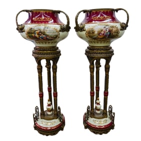 Pair of Large Royal Vienna Style Porcelain and Bronze Urns