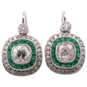 Art Deco 18k White Gold Diamond and Emerald Earrings