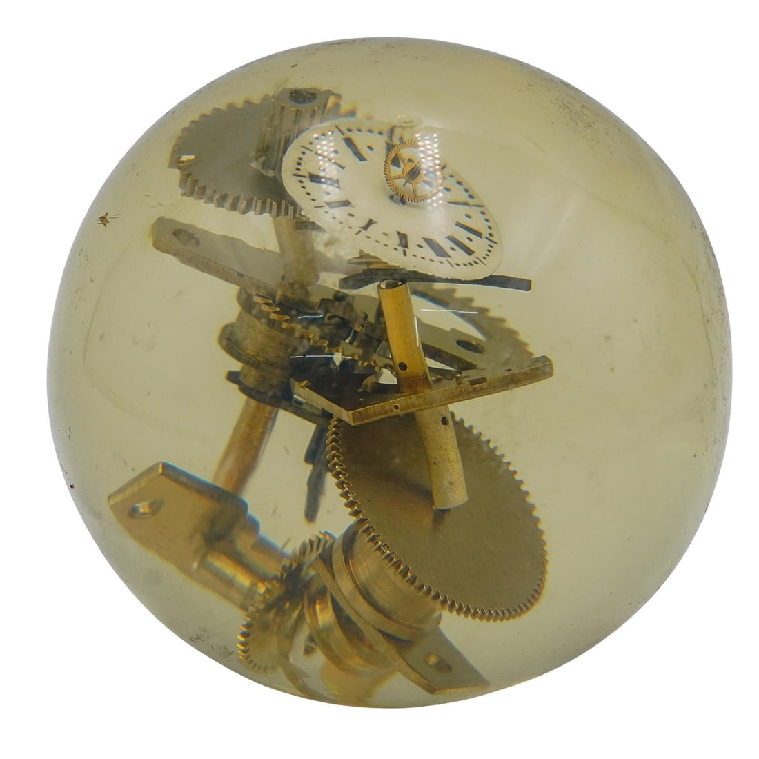 Pierre Giraudon Resin Exploded Clock Globe: Pierre Giraudon Resin Exploded Clock Globe20th century, FranceThis is a clear resin sphere encasing the internal mechanical components of a clock, including gears and a partial clock face. The clock f