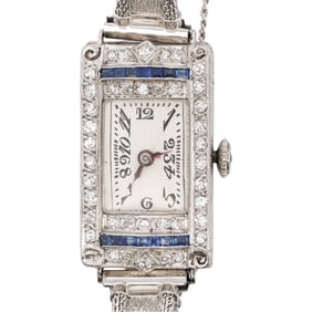 Art Deco 18k White Gold Diamond and Sapphire Watch