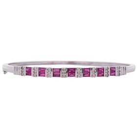Signed 14k White Gold Ruby and Diamond Bangle
