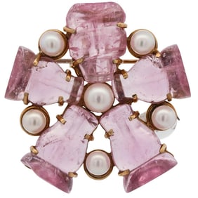 14k Gold Pink Tourmaline and Pearl Flower Brooch