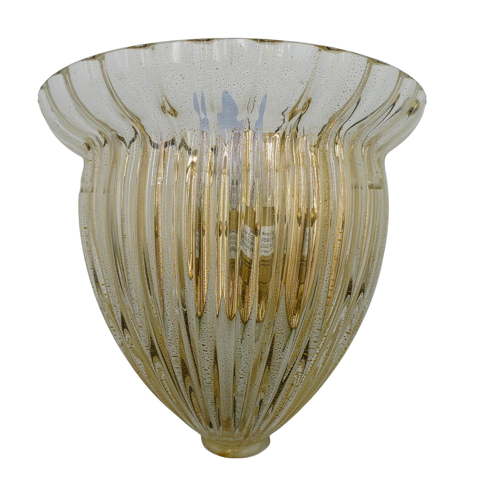 Murano Glass Gold Speck Sconce: Murano Glass Gold Speck Sconce 20th Cent, Italy Murano glass gold fleck sconce, decorated with a lobe design. Comes with hardware. H: 9" W: 9.5" Depth: 5"