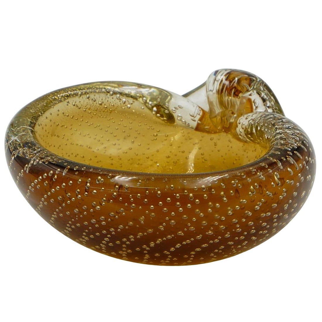 Vintage Seguso Murano Glass Aventurine Bullicante Bowl: Vintage Seguso Murano Glass Aventurine Bullicante Bowl 1970s, Italy Seguso murano aventurine bullicante glass bowl, features a gold speck and controlled bubble design. H: 2.5" 5" x 5.25"